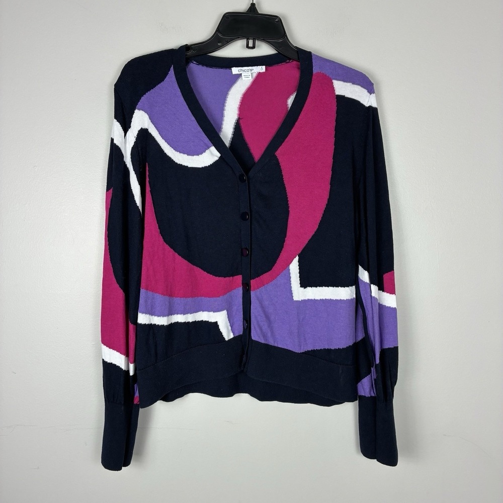 Chicos Button Up Fitted Cardigan Sz L Geo Print Classic Preppy Work